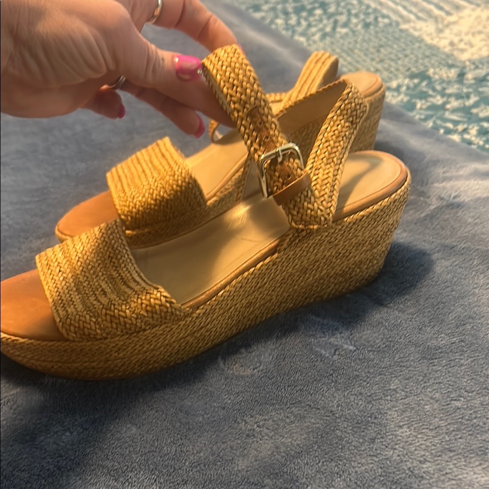 Stuart Weitzman Tan Wedge Sandals with Knit Straps